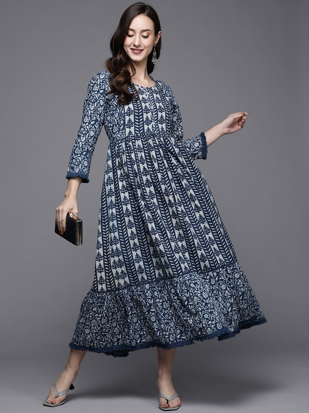 Indo Era Navy Blue Ethnic Motif Printed Flared A-Line Midi Ethnic Dress