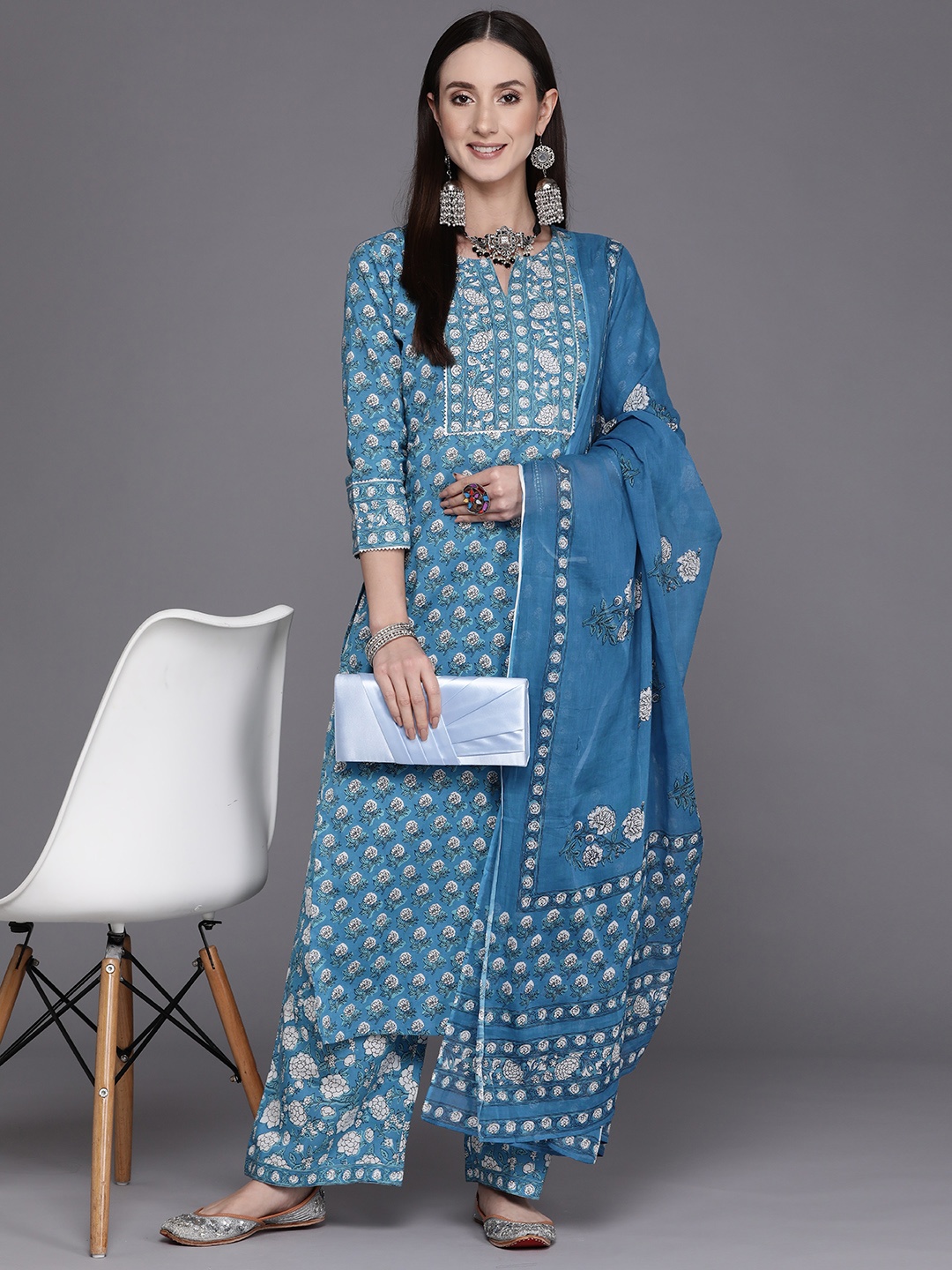 

Indo Era Women Blue Ethnic Motifs Printed Pure Cotton Kurta with Palazzos & Dupatta