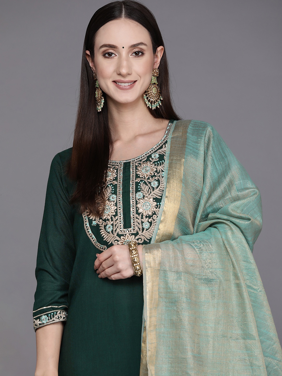 

Indo Era Women Green Ethnic Motifs Embroidered Yoke Design Kurta with Palazzos & Dupatta