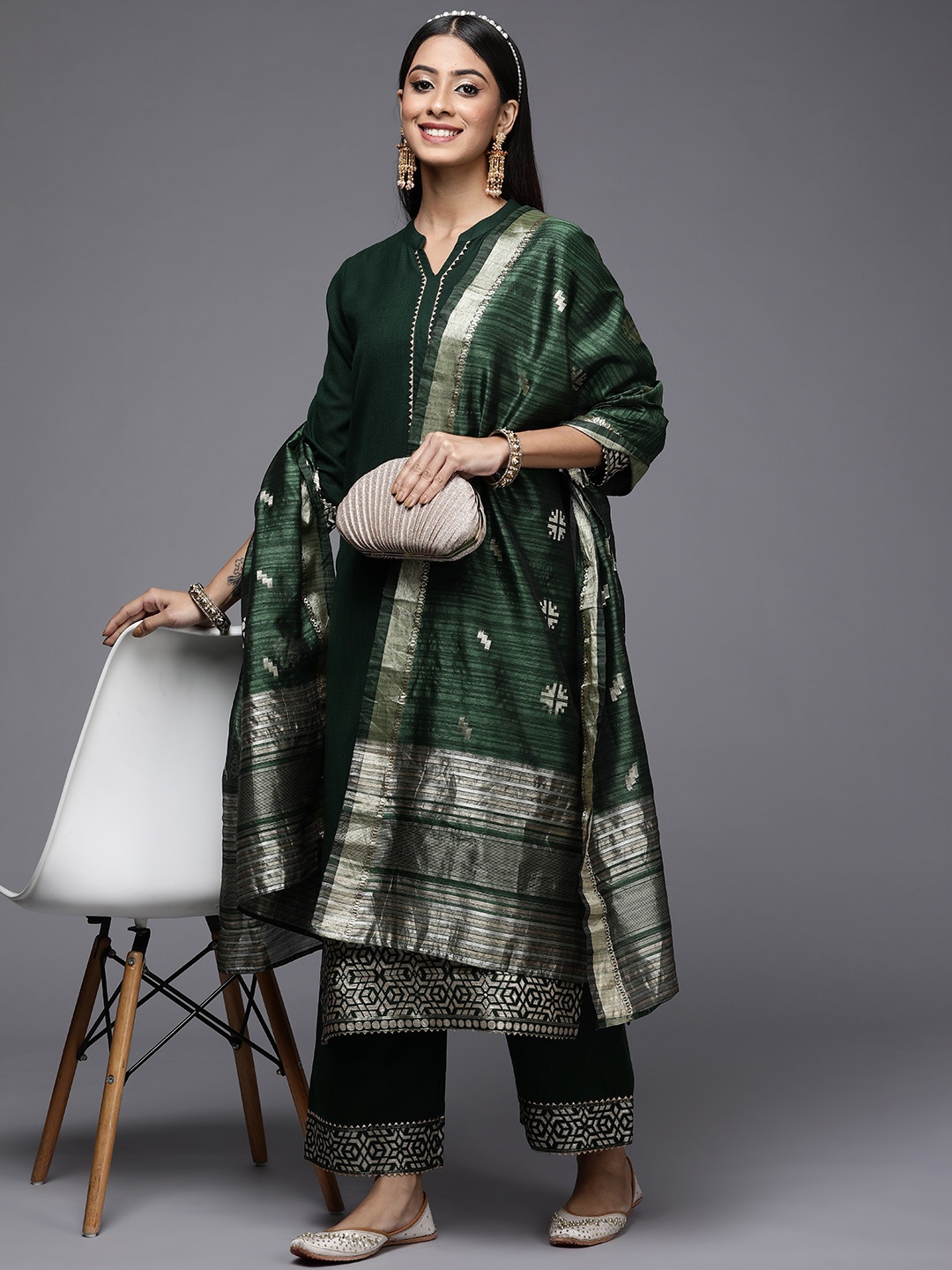 

Indo Era Women Green Patchwork Kurta with Palazzos & With Dupatta