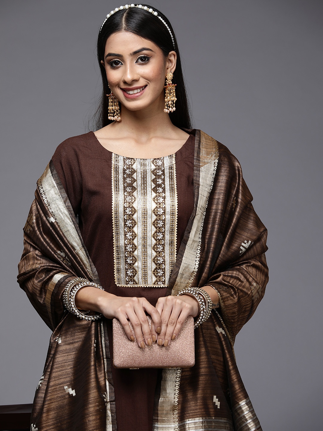 

Indo Era Women Brown Ethnic Motifs Yoke Design Kurta with Palazzos & With Dupatta