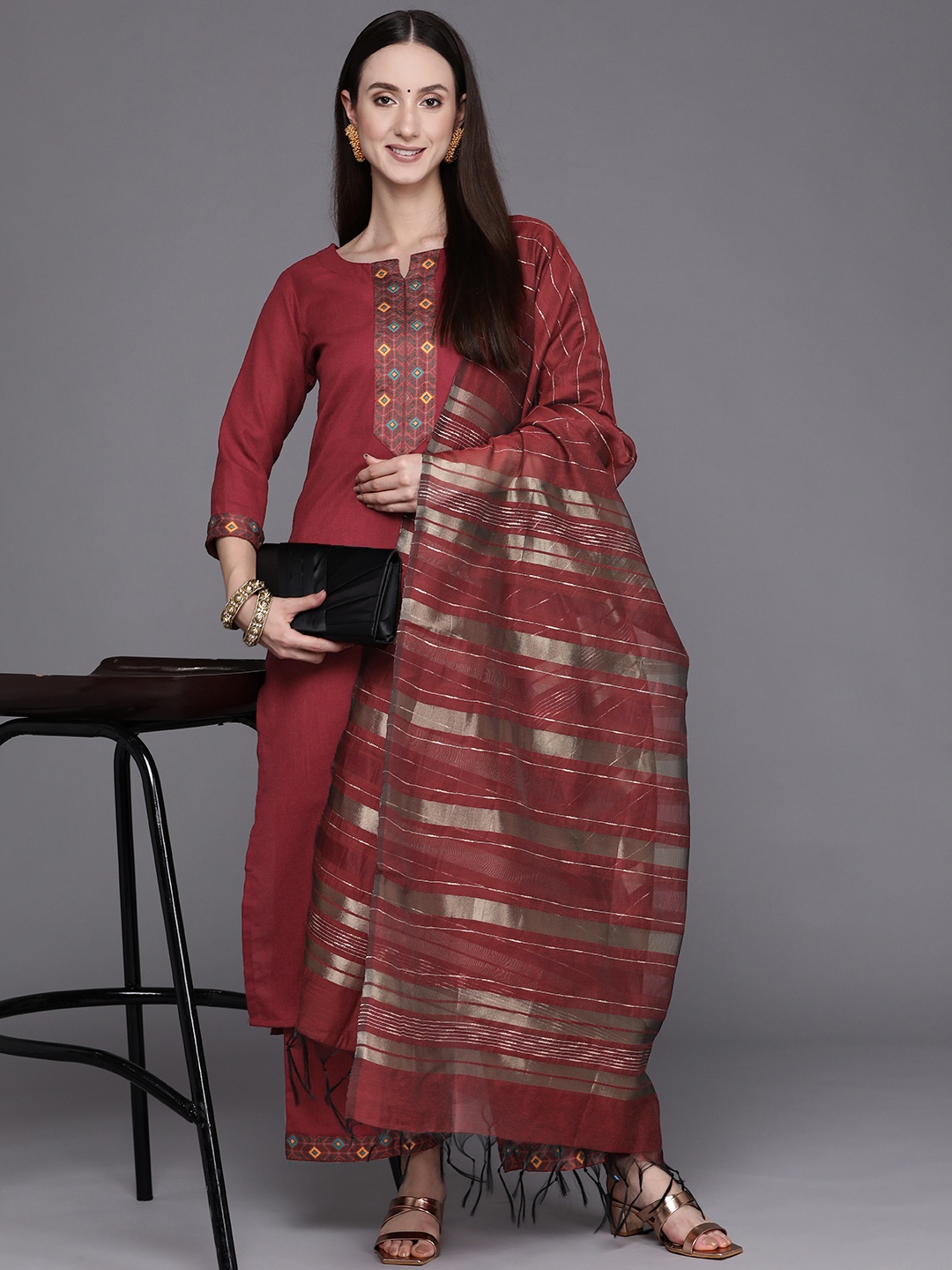 

Indo Era Women Maroon Yoke Design Kurta with Palazzos & Dupatta