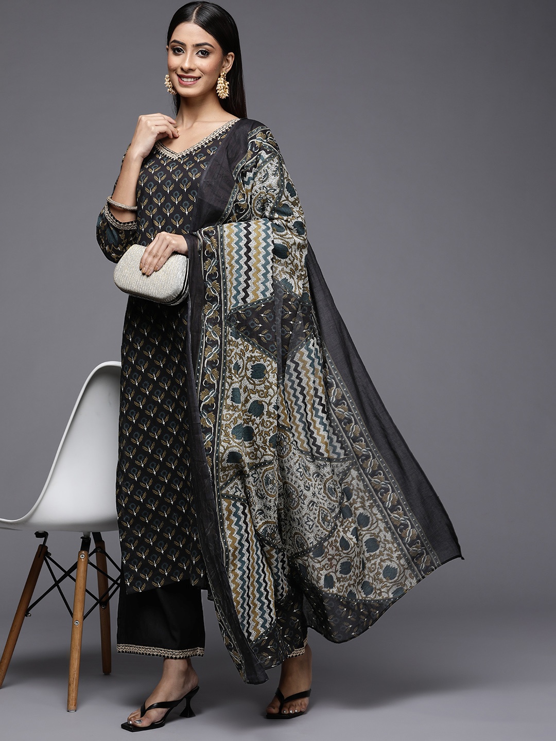 

Indo Era Women Black Ethnic Motifs Printed Gotta Patti Pure Cotton Kurta with Palazzos & With Dupatta
