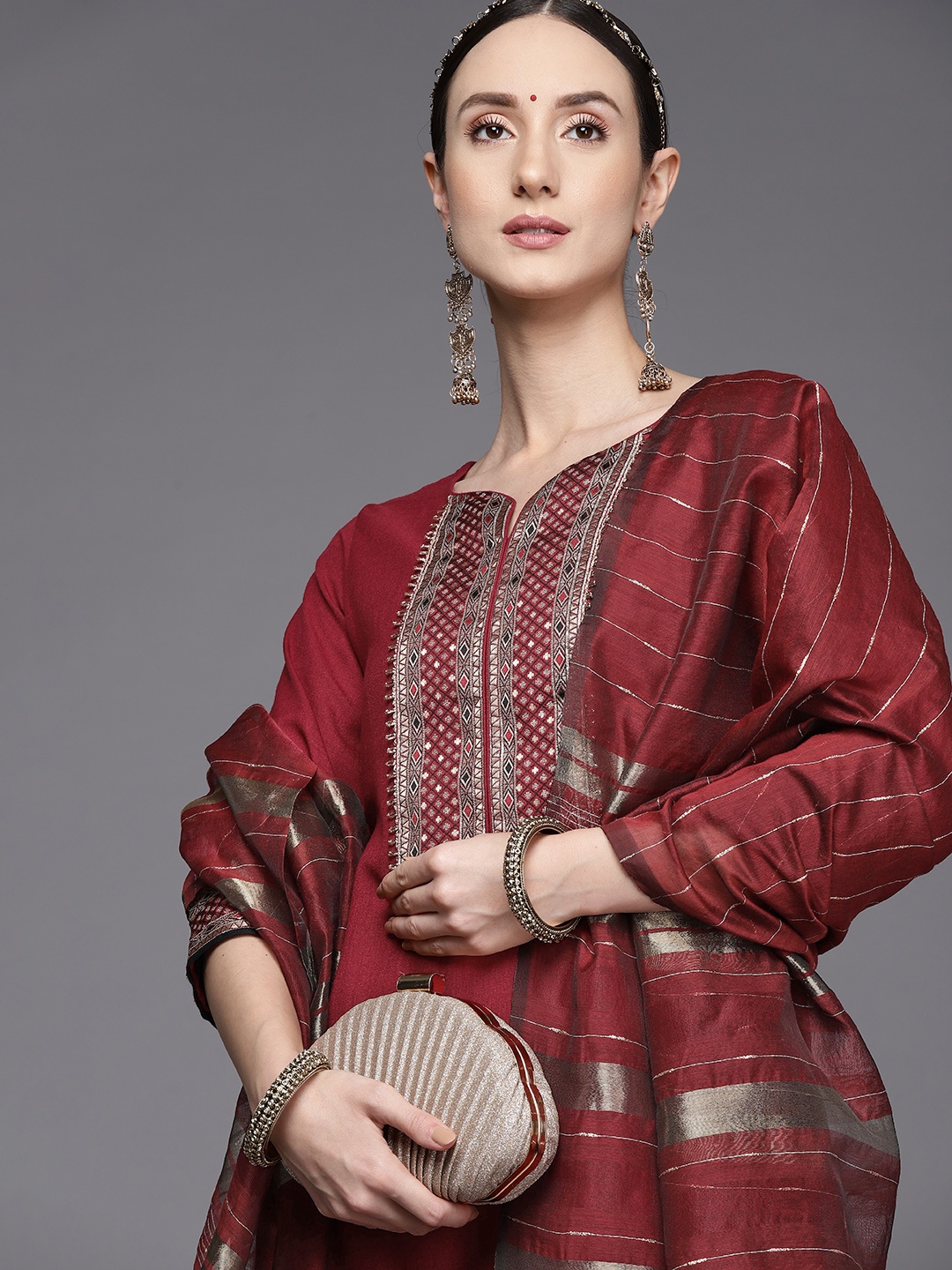 

Indo Era Women Maroon Yoke Design Kurta with Palazzos & Dupatta