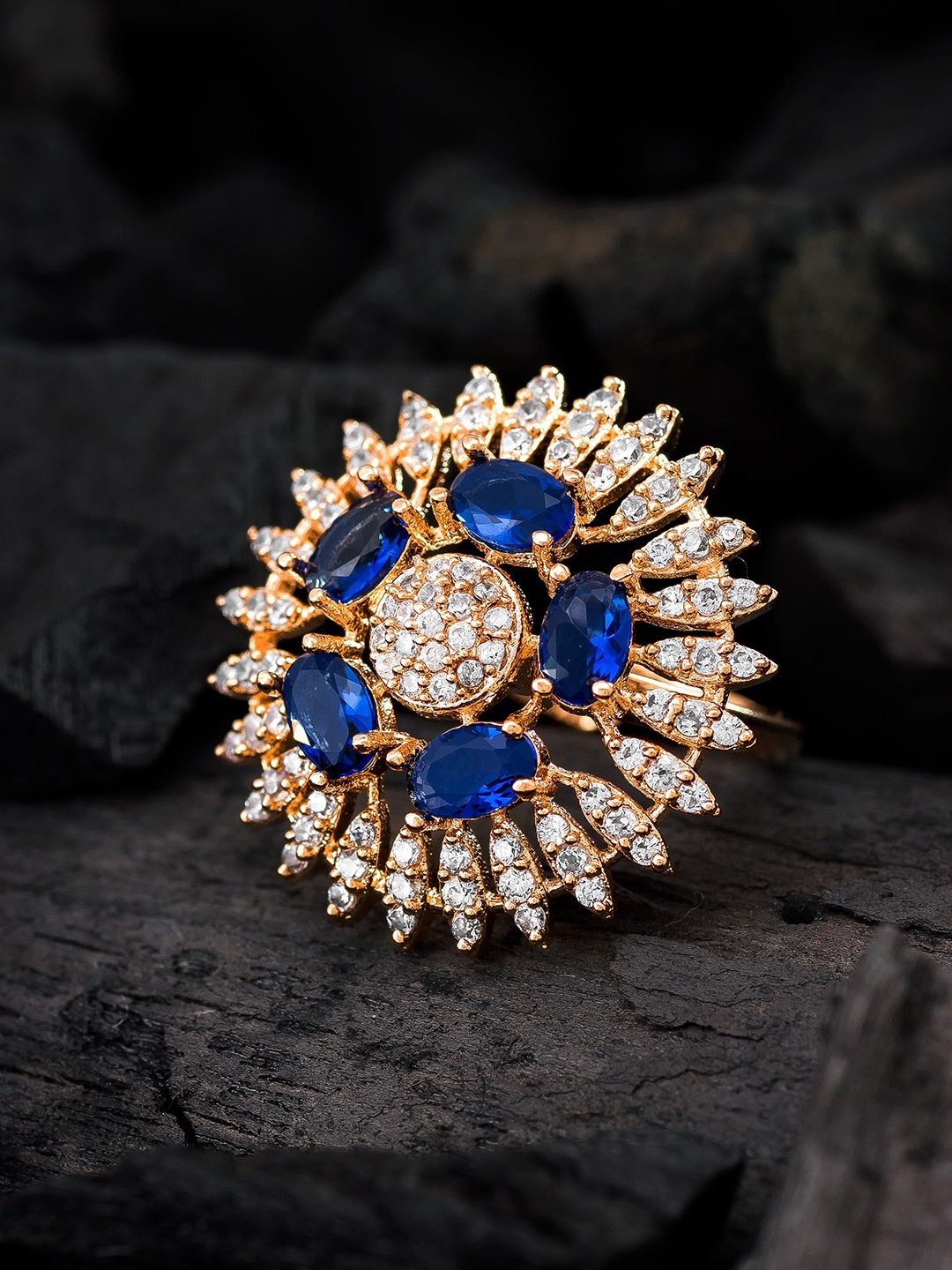

aadita Gold-Plated Rose-Gold Toned White & Blue AD-Studded Adjustable Finger Ring