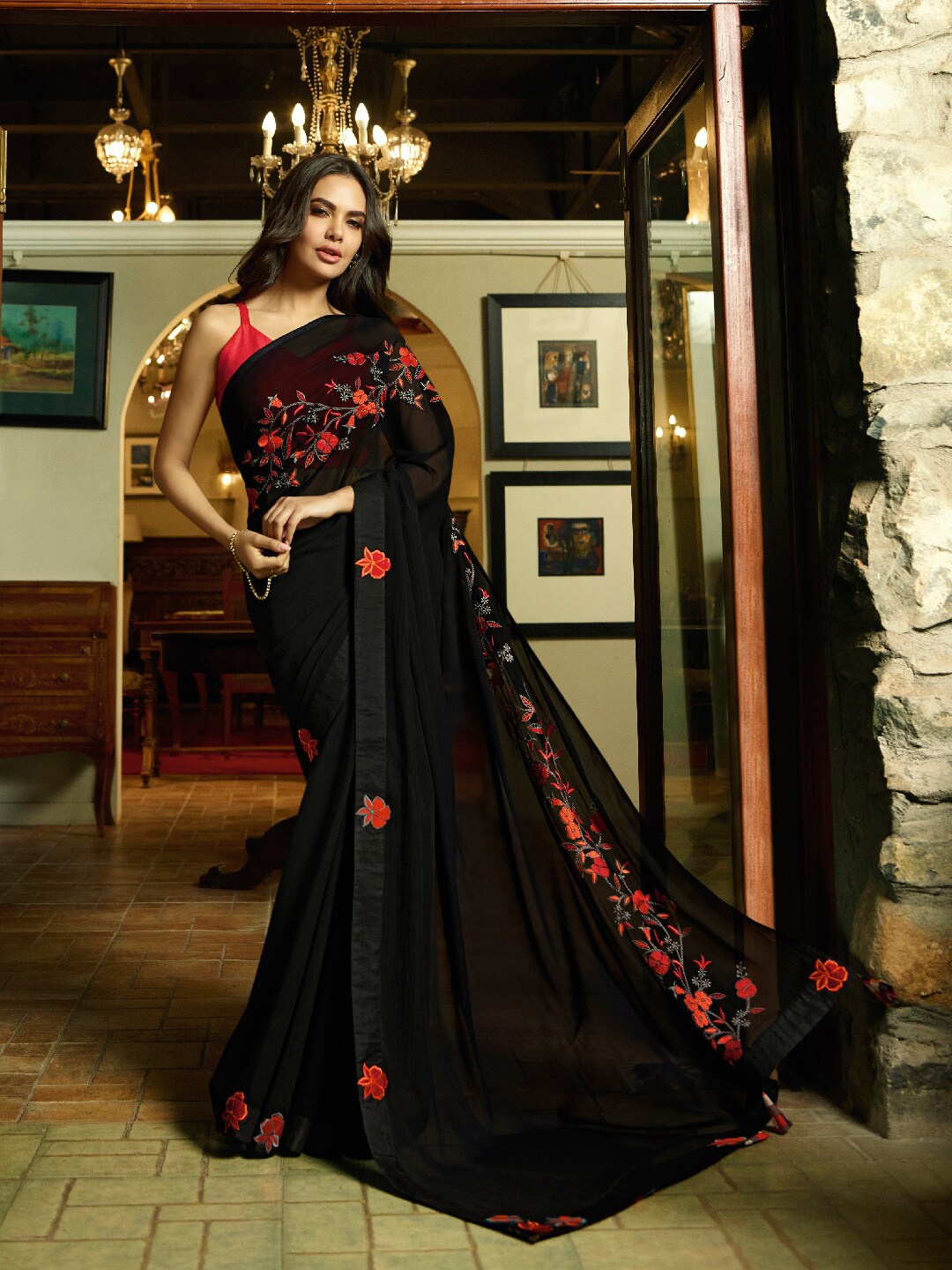

Shaily Black & Red Floral Embroidered Pure Georgette Saree