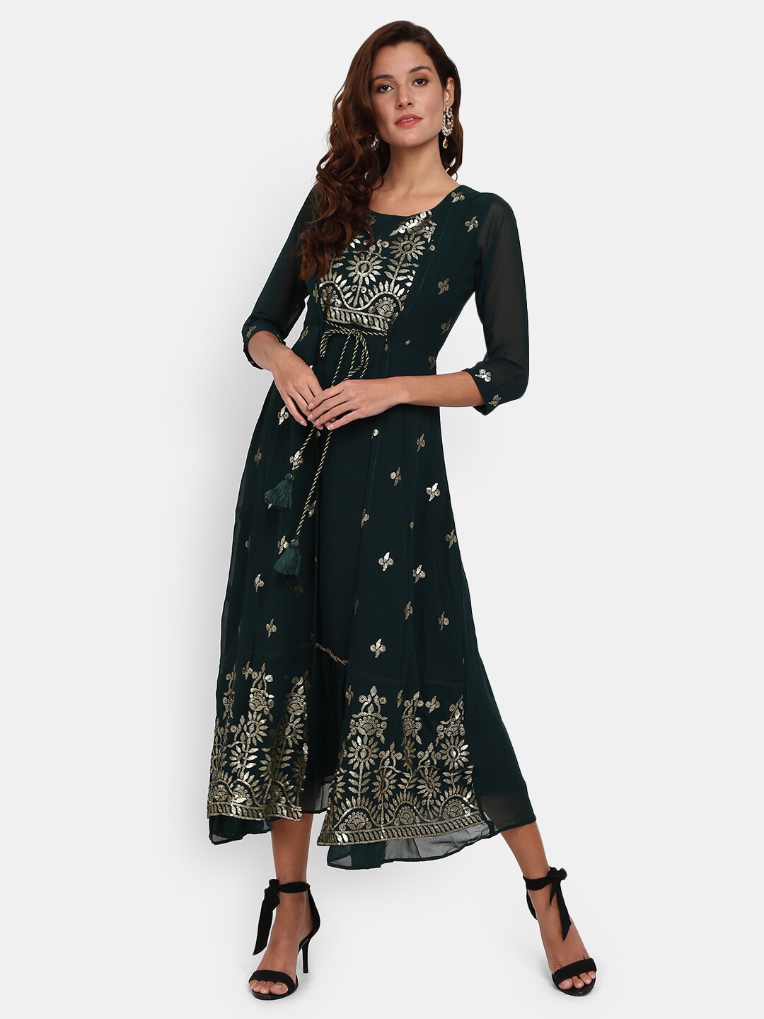 

V-Mart Green & Gold-Toned Embellished Layered Ethnic A-line Midi Dress