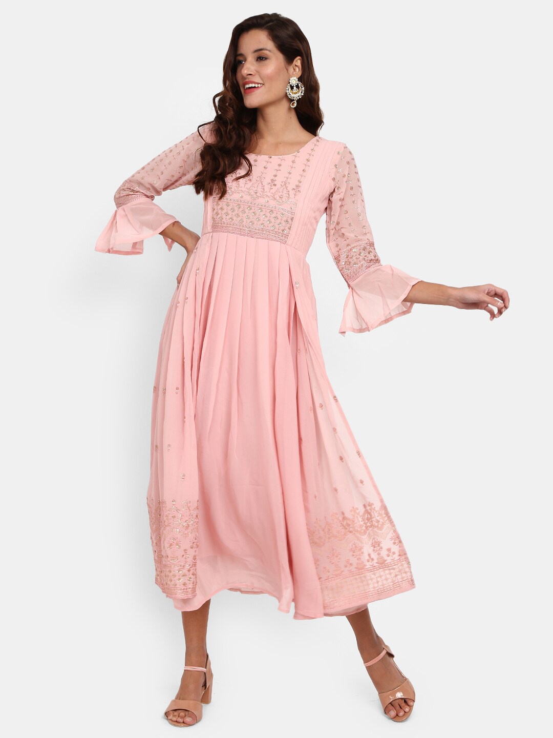 

V-Mart Bell Sleeves A-Line Midi Dress, Peach