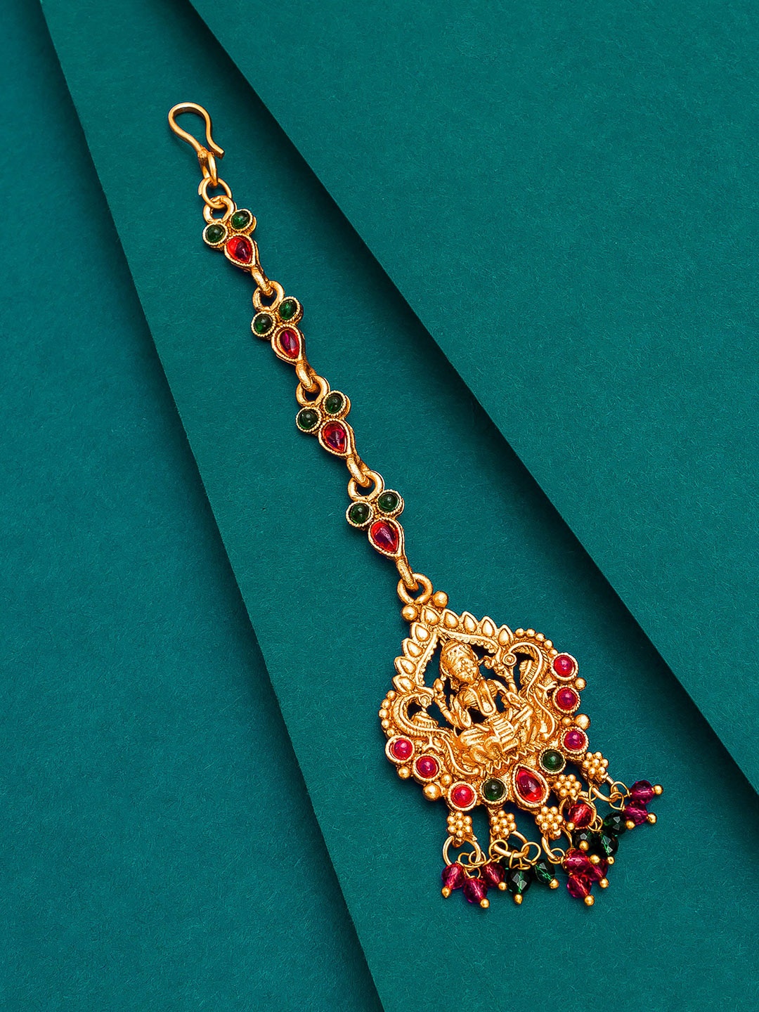 

aadita Gold-Plated Pink & Green Kundan-Studded Maang Tikka