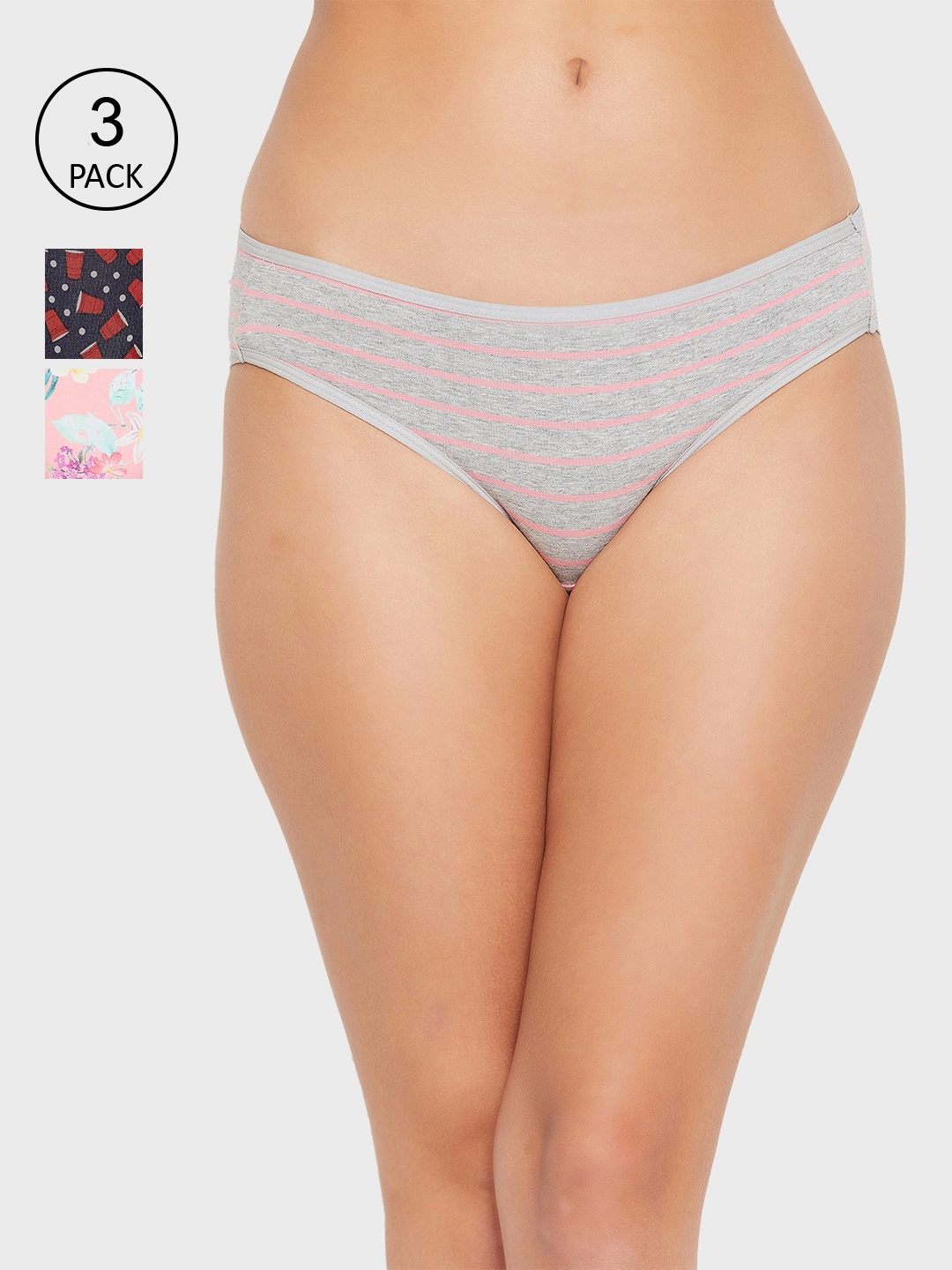 

Clovia Women Pack Of 3 Printed Seamless Bikini Briefs, Grey