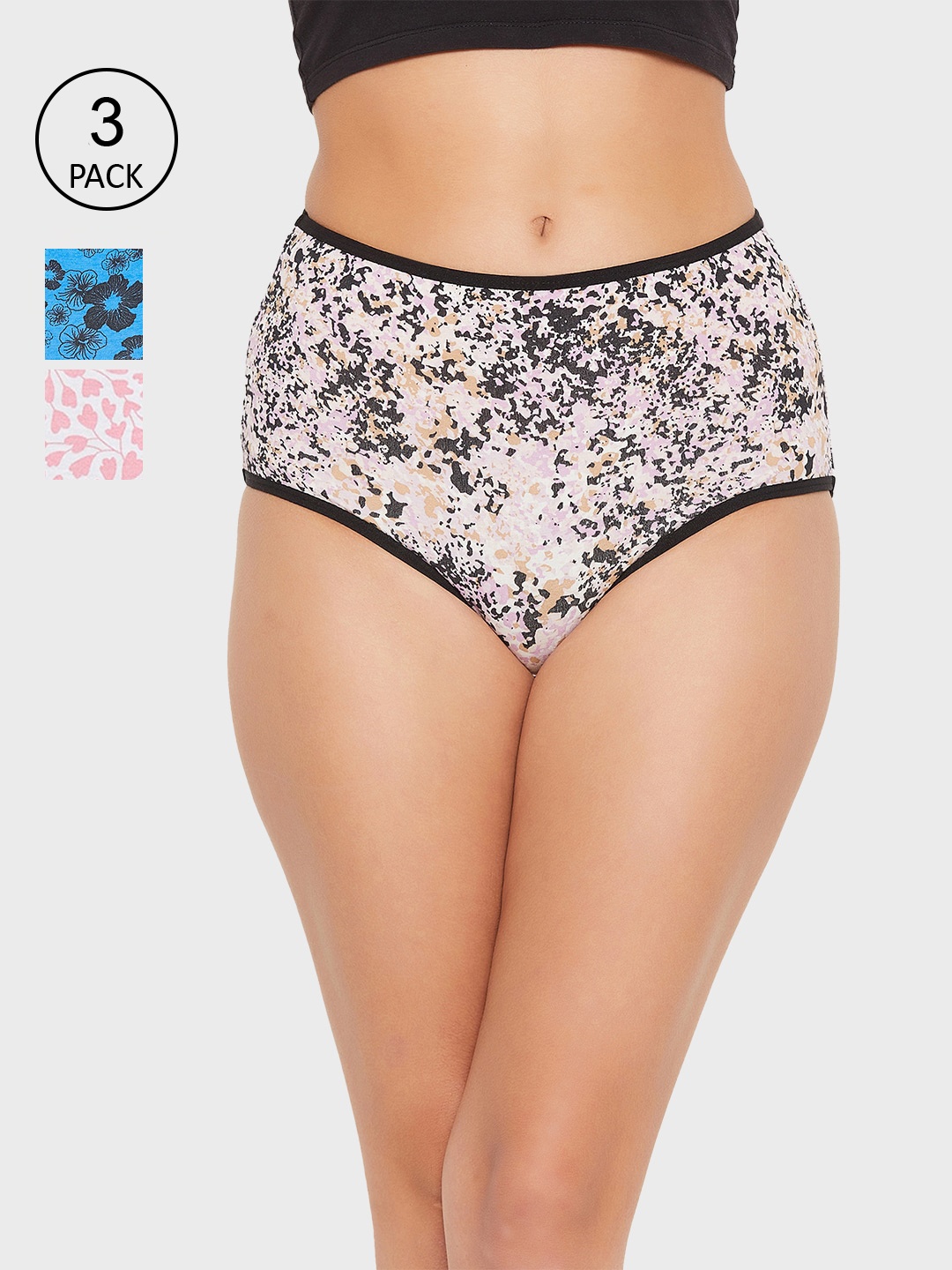 

Clovia Women Pack Of 3 Pink ,Black & Blue Printed Hipster Briefs