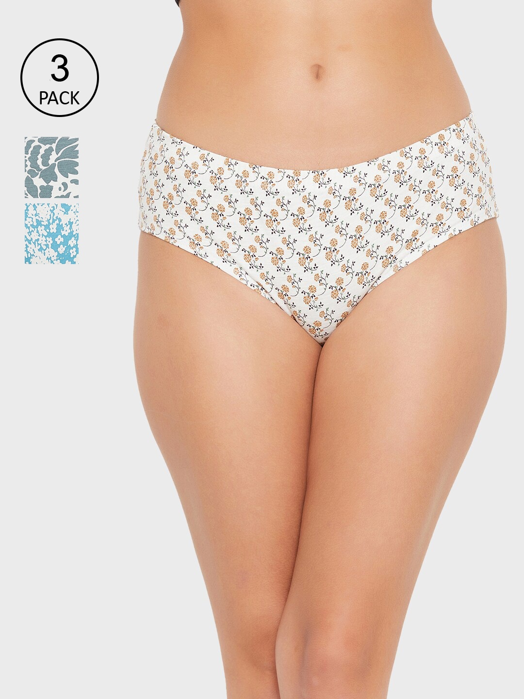

Clovia Women Pack Of 3 Floral Printed Seamless Hipster Cotton, Cream