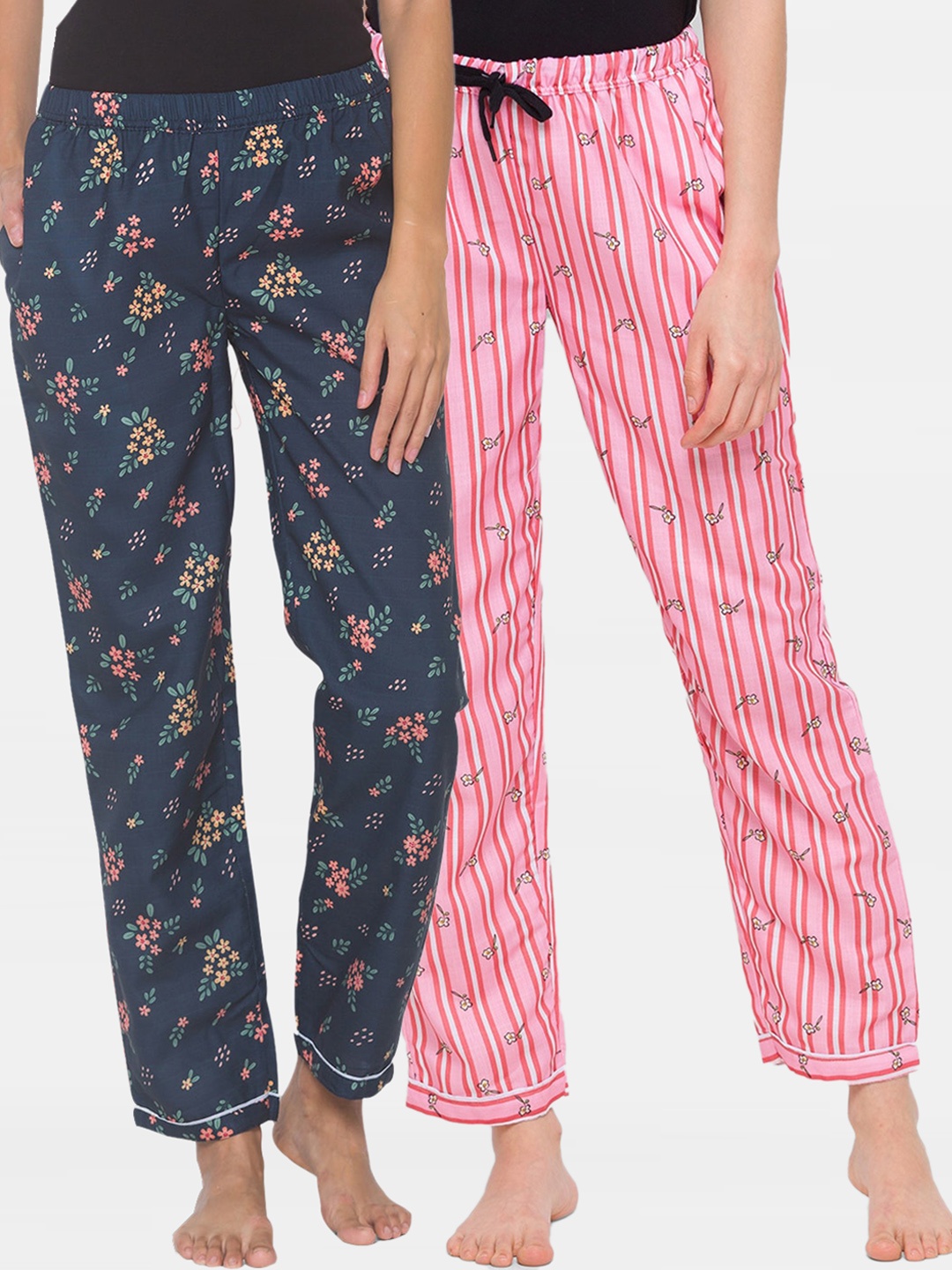 

FashionRack Women Pack of 2 Bouquet Stripe Tulips Printed Lounge Pants, Navy blue
