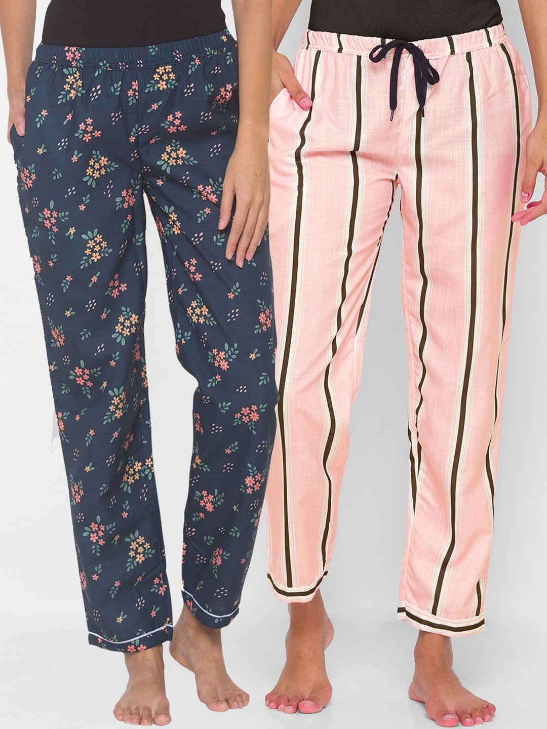 

FashionRack Women Pack of 2 Navy Blue & Pink Printed Lounge Pants