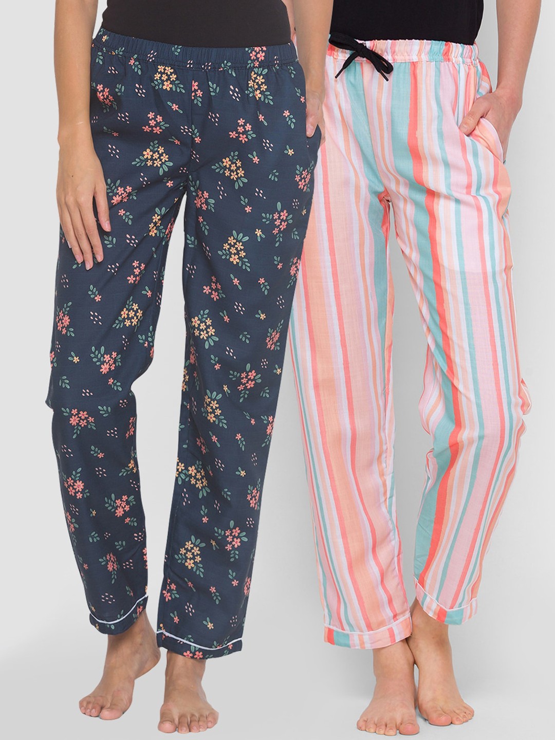 

FashionRack Women Pack Of 2 Printed Cotton Lounge Pants, Navy blue