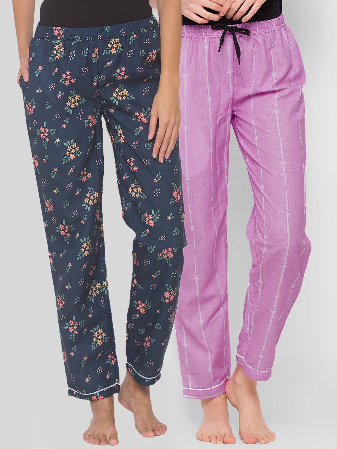 

FashionRack Women Pack of 2 Printed Cotton Lounge Pants, Navy blue