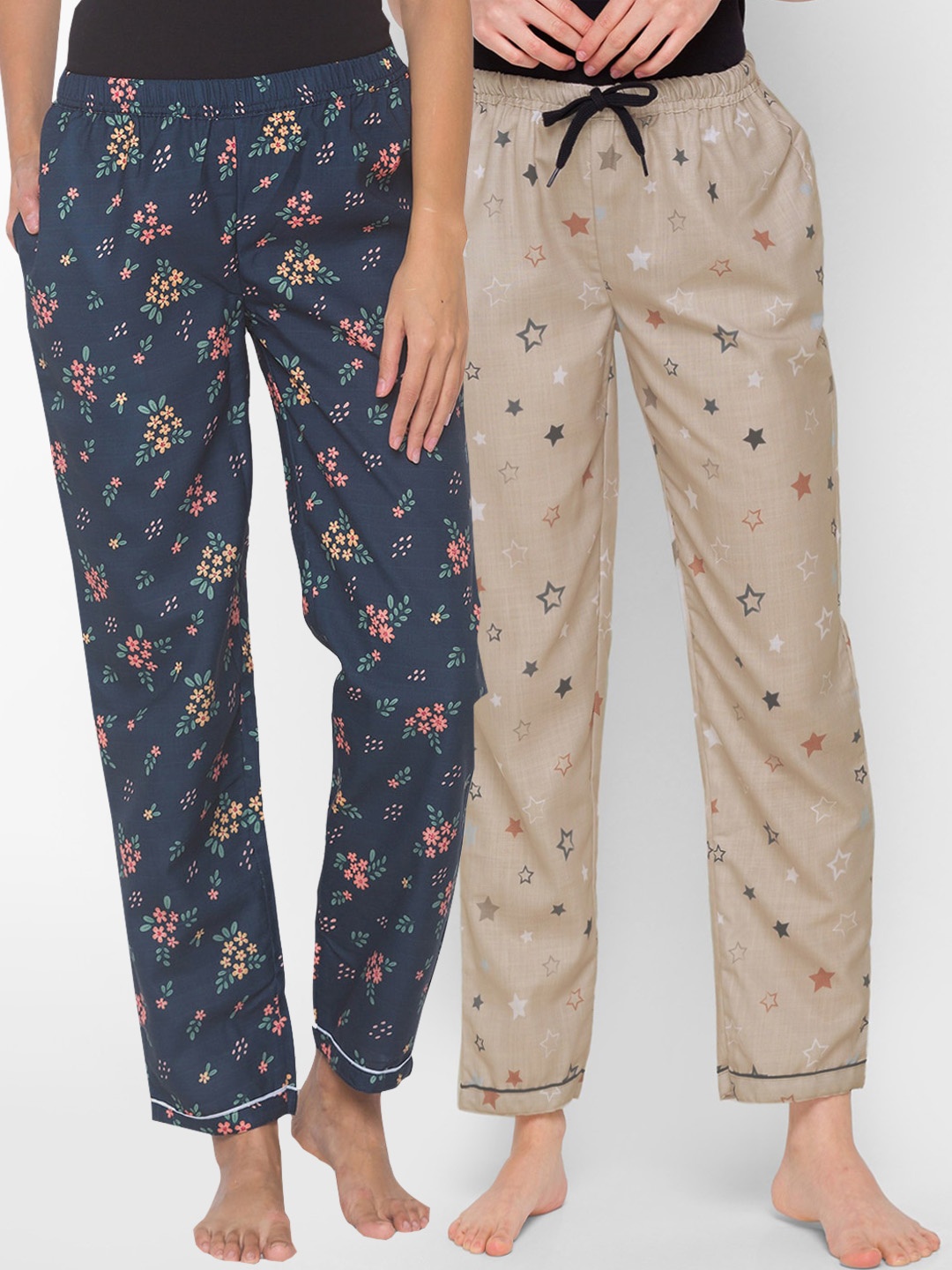 

FashionRack Women Pack of 2 Navy Blue & Beige Printed Cotton Lounge Pants