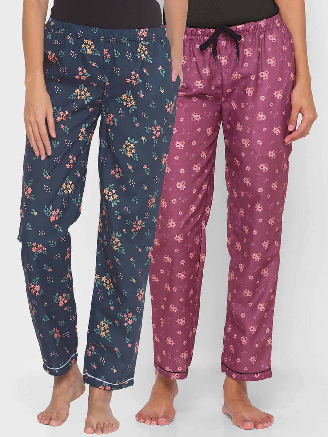 

FashionRack Women Pack of 2 Navy Blue & Purple Printed Cotton Lounge Pants