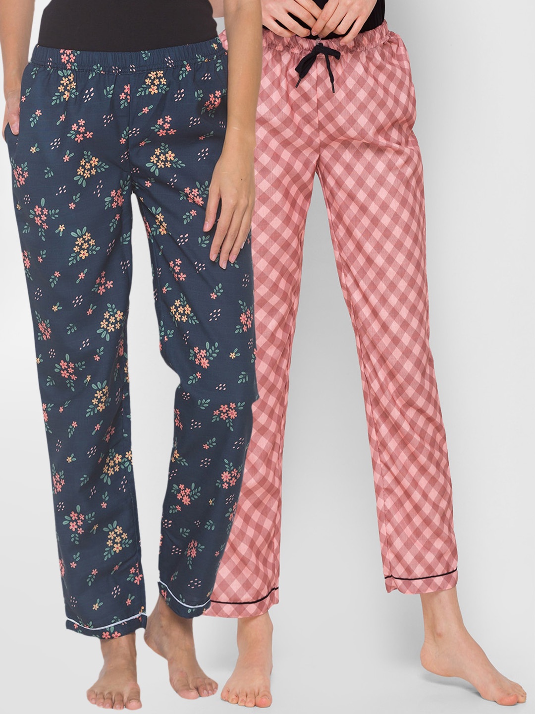 

FashionRack Women Pack of 2 Navy Blue & Brown Printed Lounge Pants