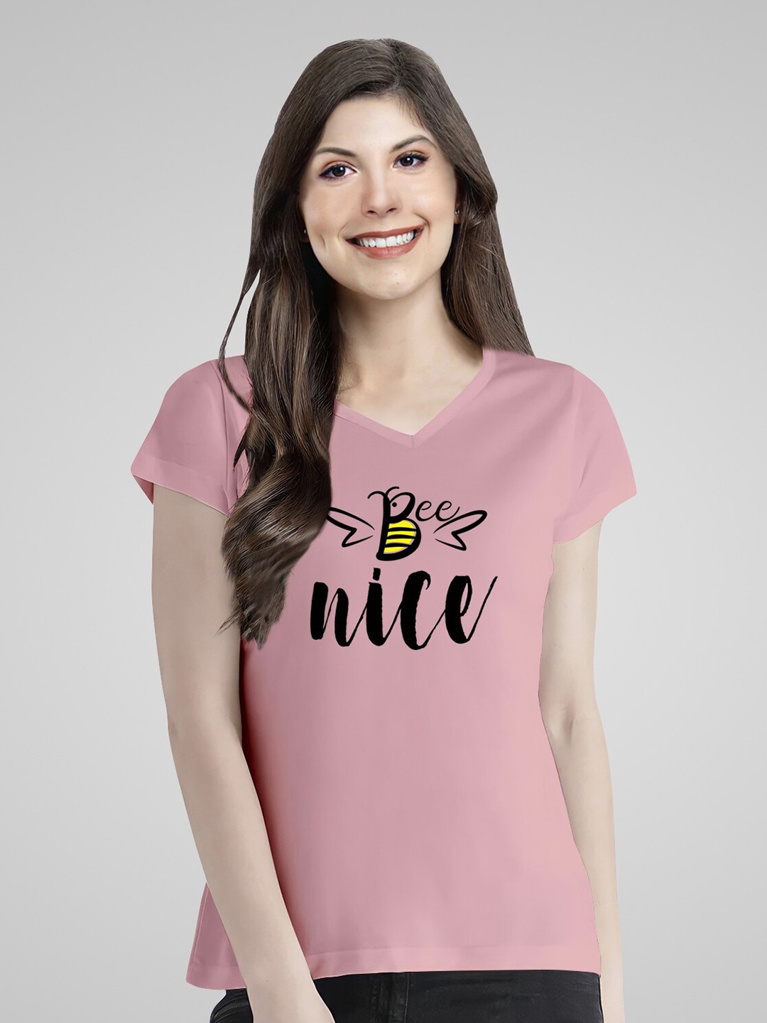 

Pootlu Women Pink Typography Printed V-Neck Cotton T-shirt