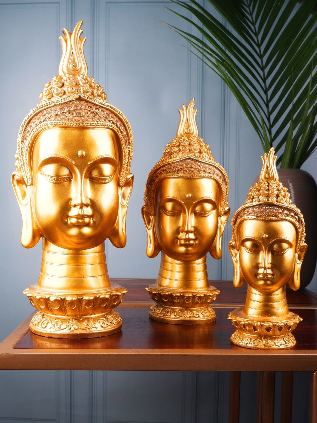 

THE WHITE INK DECOR Set Of 3 Gold-Toned Buddha Figurine Showpieces
