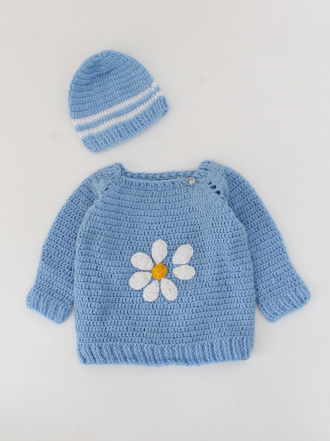 

Woonie Unisex Kids Blue & White Floral Colourblocked Pullover with Applique Detail