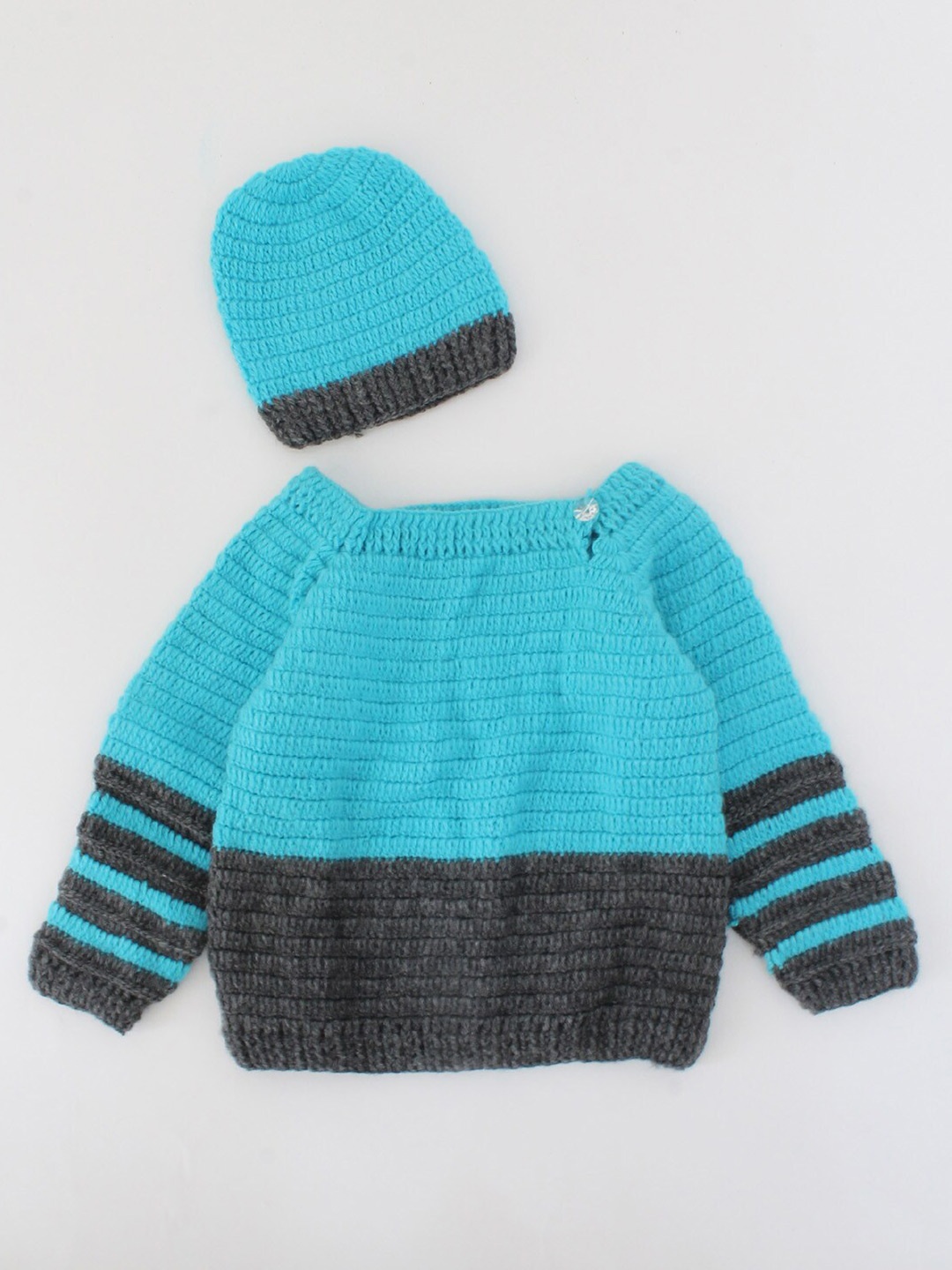 

Woonie Unisex Kids Grey & Blue Striped Sweater With Cap