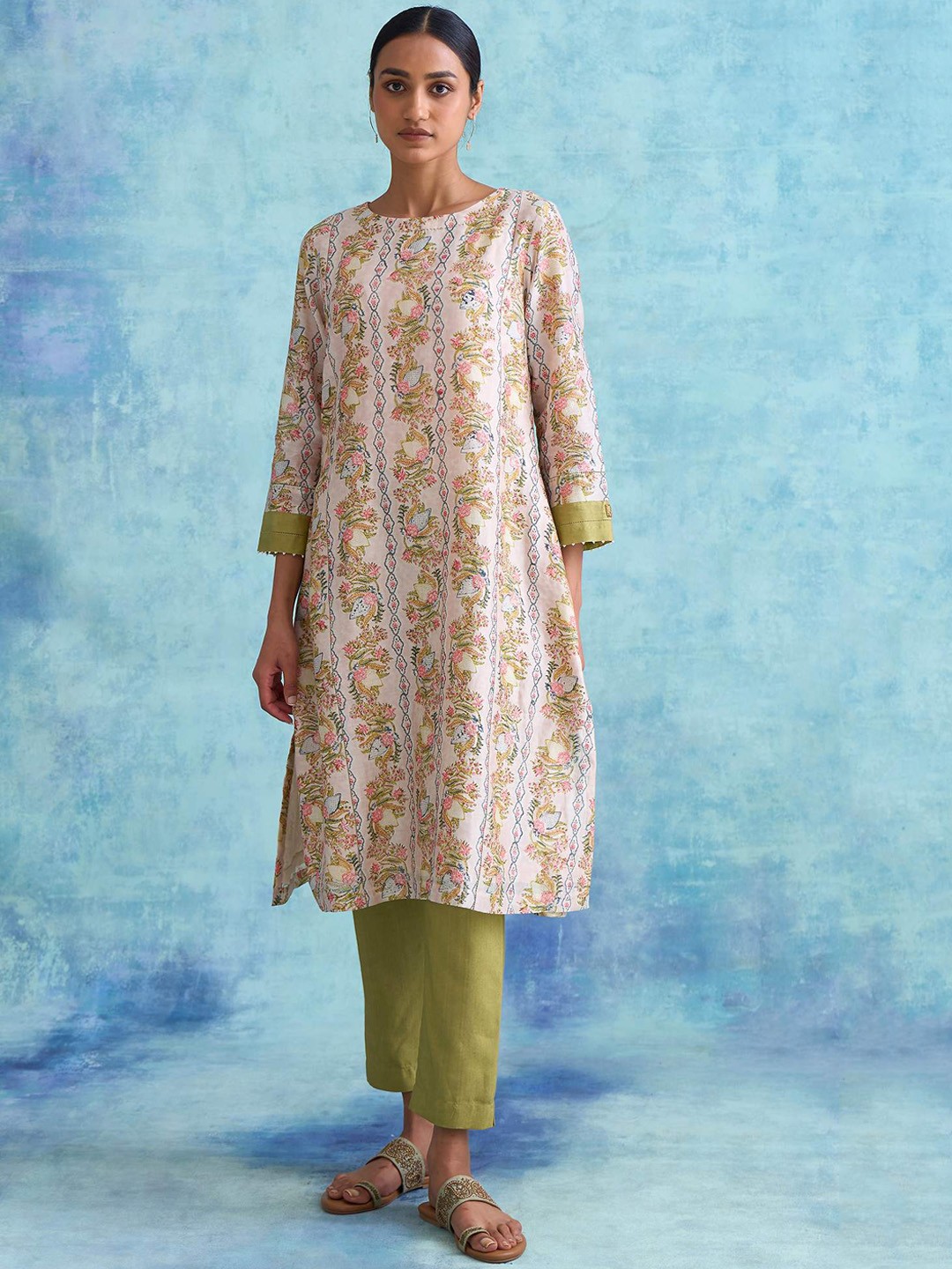 

W The Folksong Collection Women Pink Green Floral Printed A-Line Kurta