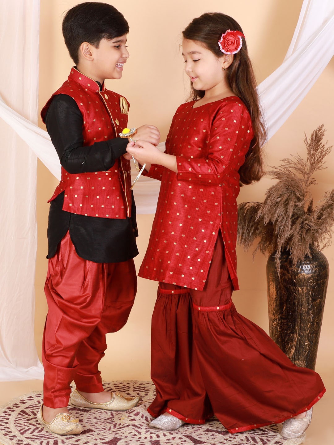 

VASTRAMAY Boys Black Ethnic Motifs Embroidered Kurta with Cowl Dhoti Pant & Nehru Jacket