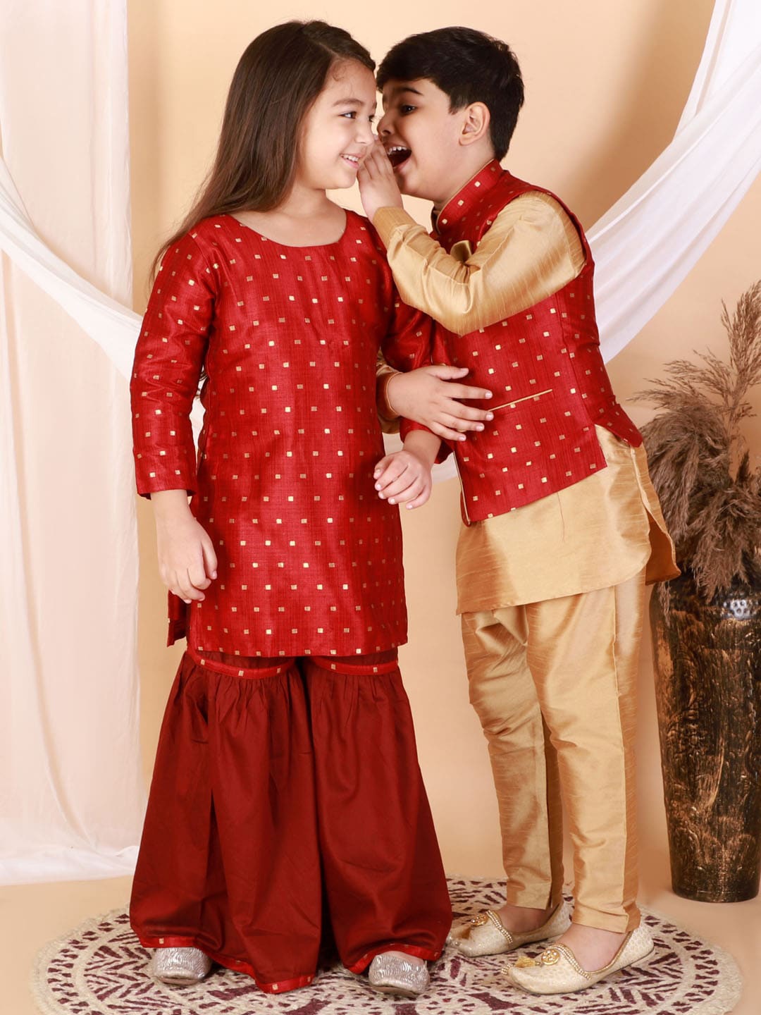 

VASTRAMAY Boys Rose Gold Ethnic Motifs Printed Kurta with Pyjamas and Nehru Jacket
