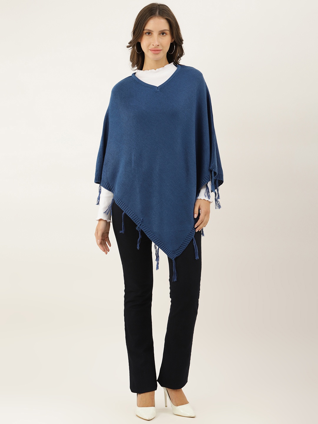 

American Eye Women Navy Blue Solid Longline Poncho