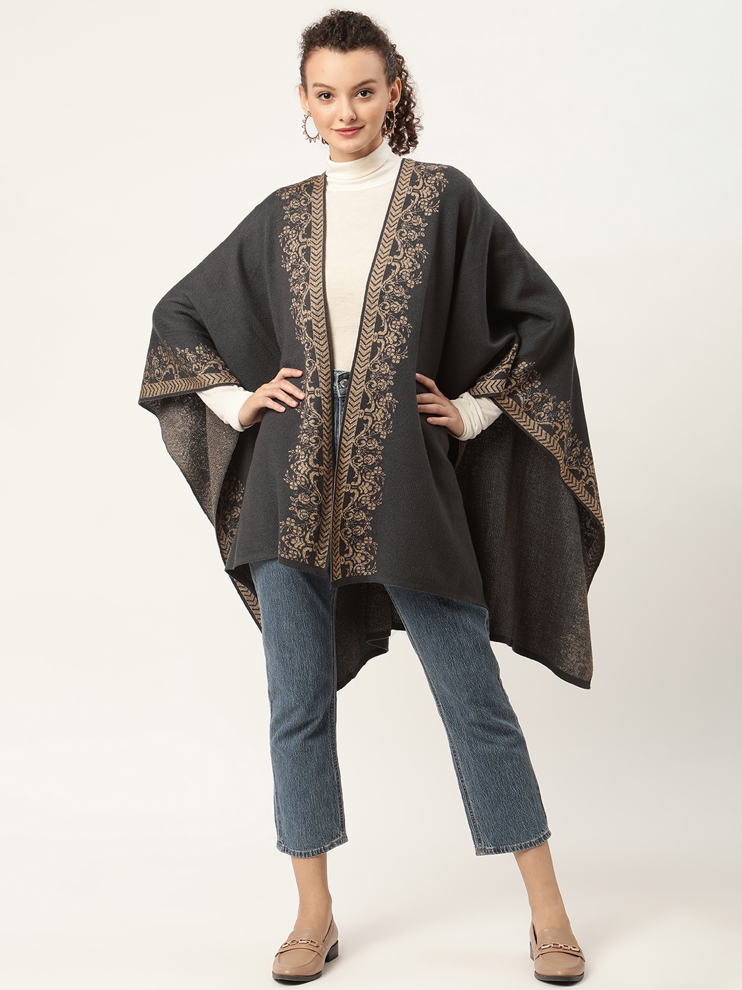 

American Eye Women Charcoal Grey & Beige Ethnic Design Longline Shrug