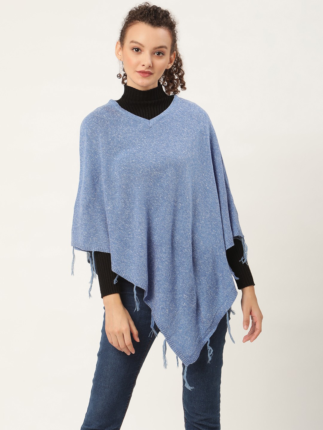 

American Eye Women Blue Solid Longline Poncho