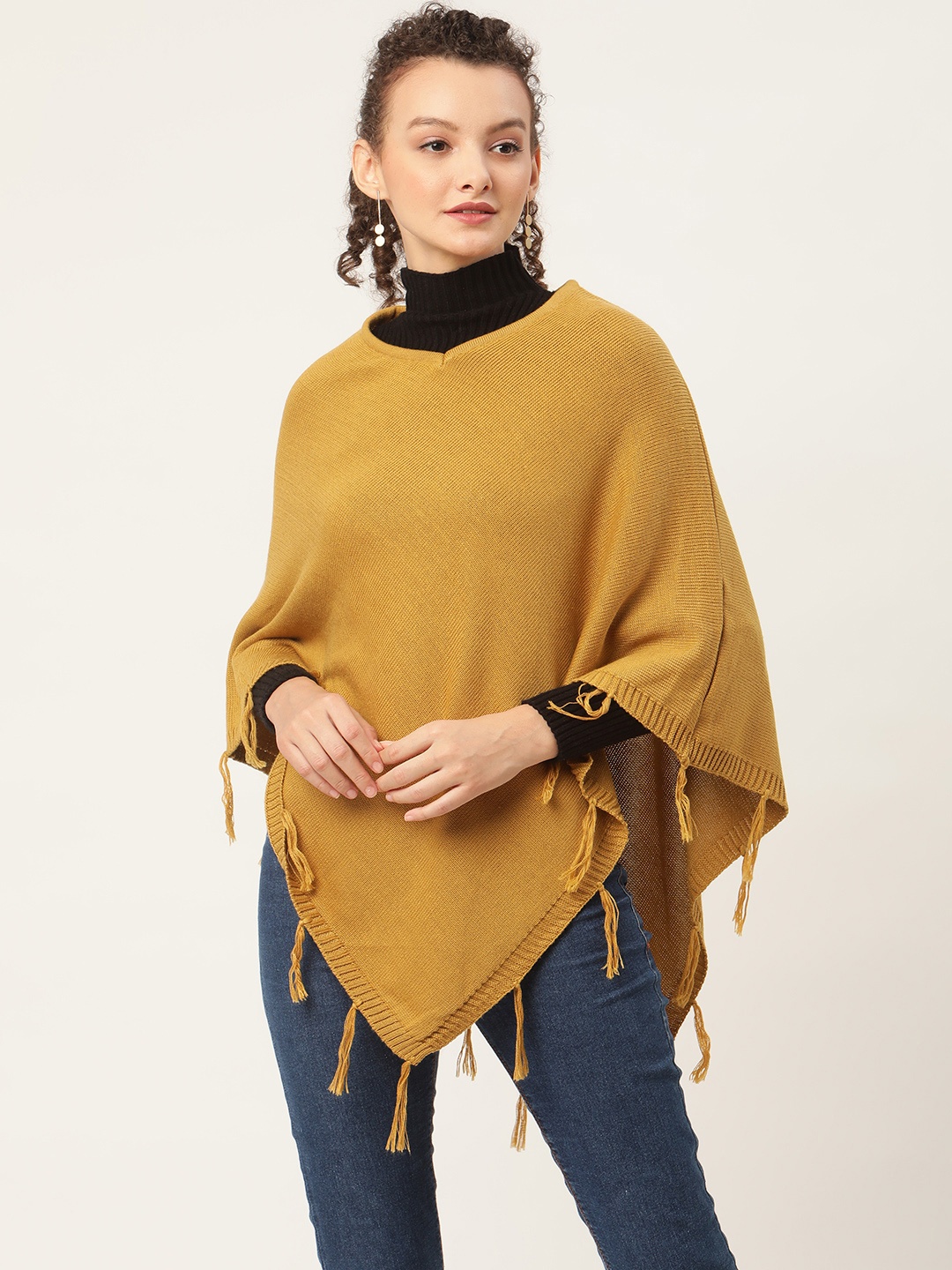 

American Eye Women Mustard Yellow Solid Longline Poncho