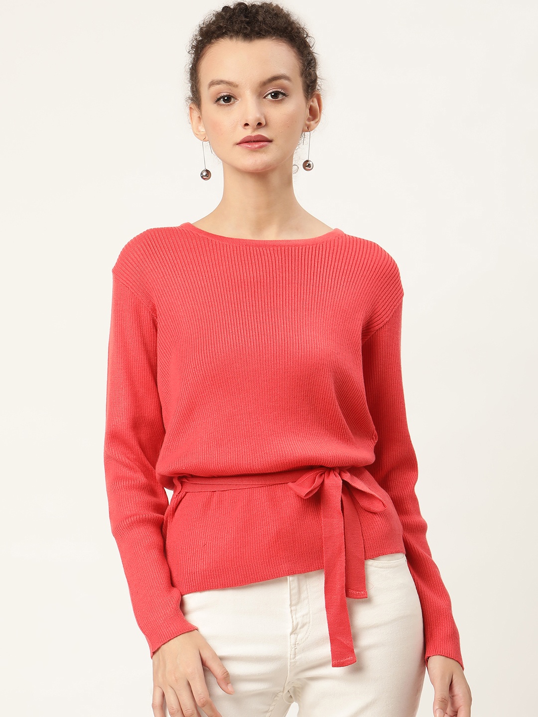 

American Eye Women Coral Pink Ribbed Pullover with Belted Detail