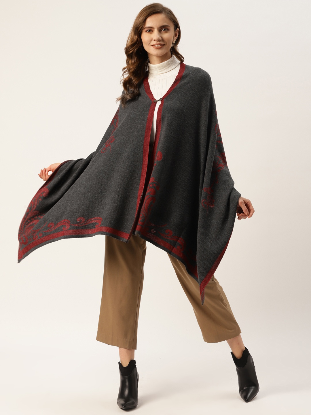 

American Eye Women Charcoal Grey & Red Ethnic Motifs Woven Design Longline Button Sweater