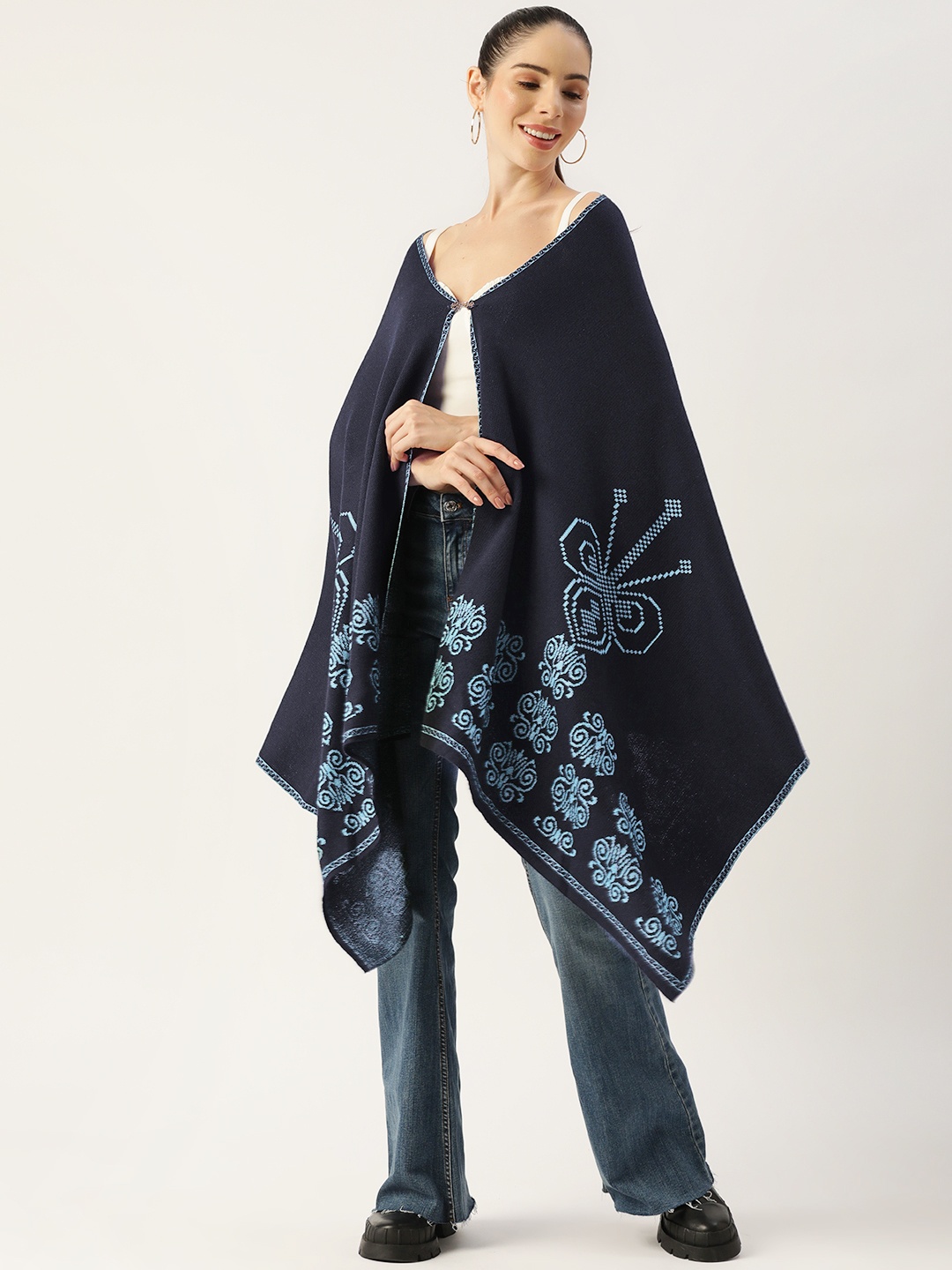 

American Eye Women Navy Blue Floral Printed Longline Cardigan