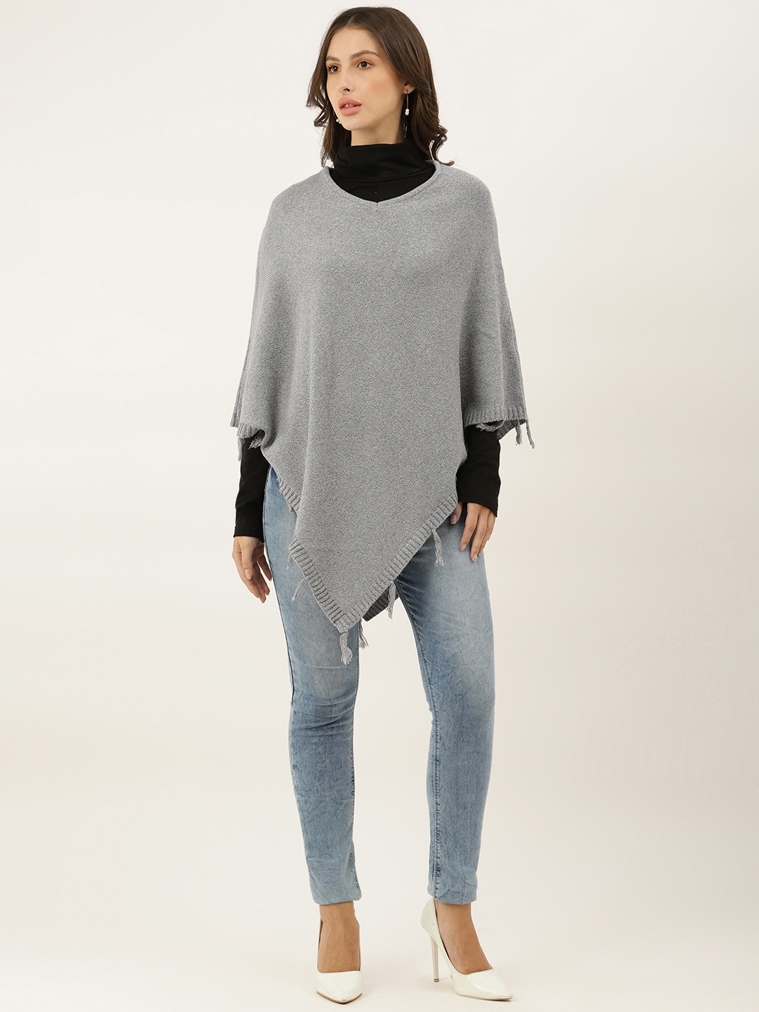 

American Eye Women Grey Melange Solid Tasseled Hem Poncho