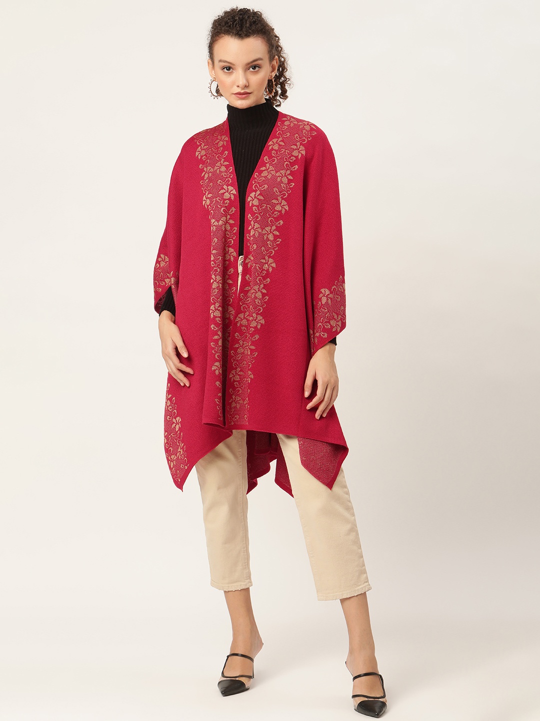

American Eye Women Red & Beige Self Design Longline Front-Open Sweater