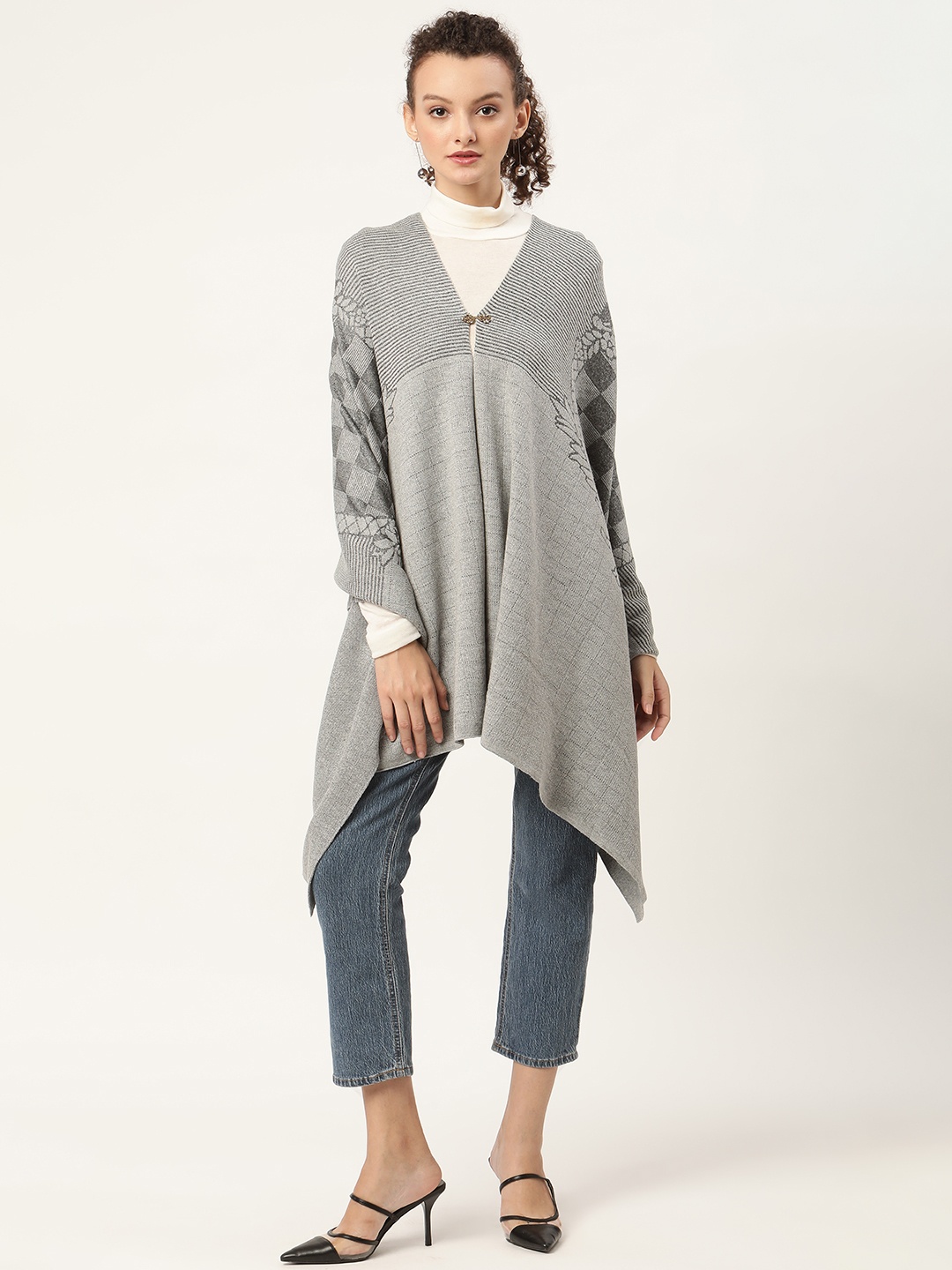 

American Eye Women Grey Geometric Self Design Front-Open Sweater