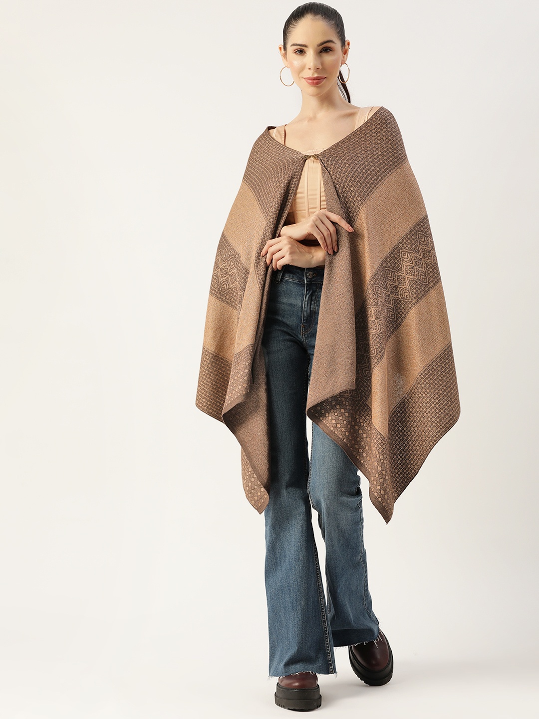 

American Eye Women Brown Ethnic Self Design Front-Open Sweater