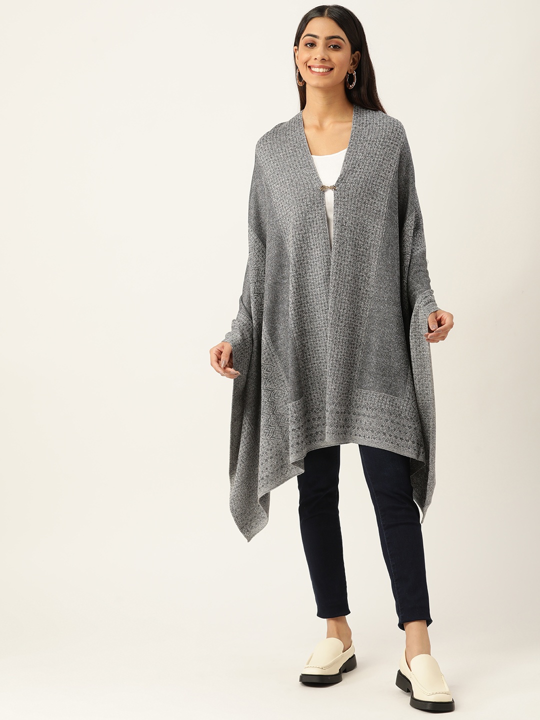 

American Eye Women Grey Melange Acrylic Self-Design Front-Open Sweater