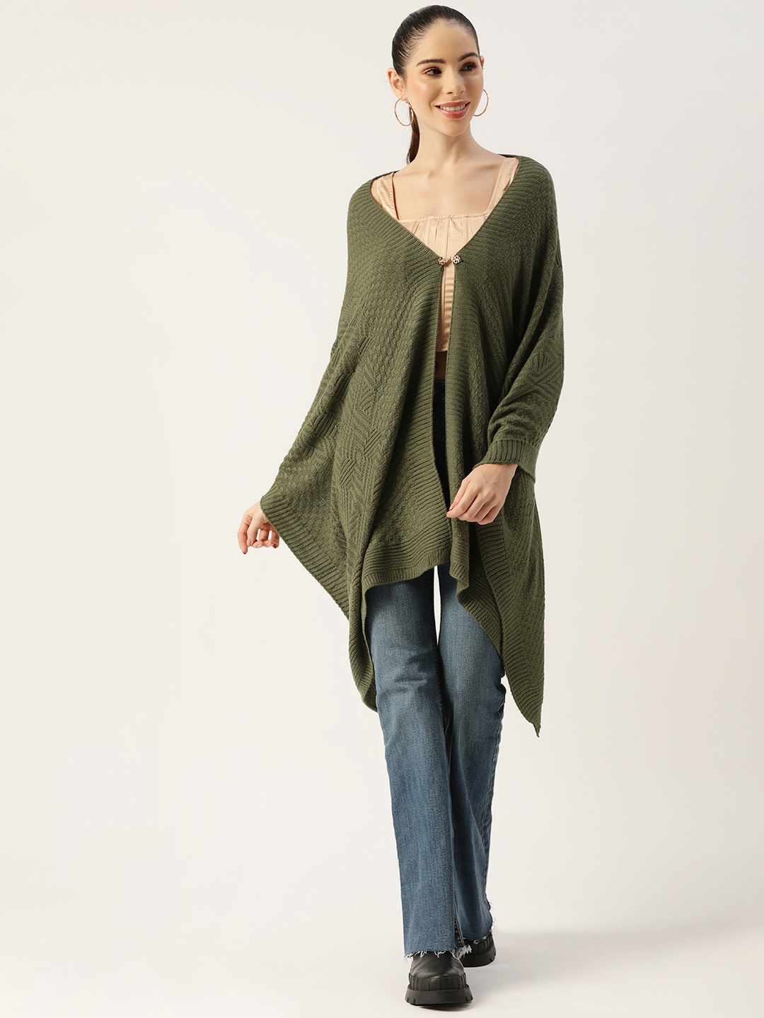 

American Eye Women Olive Green Geometric Self Design Front-Open Sweater