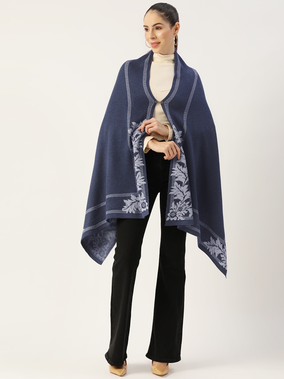 

American Eye Women Blue & Grey Ethnic Self Design Longline Front-Open Sweater