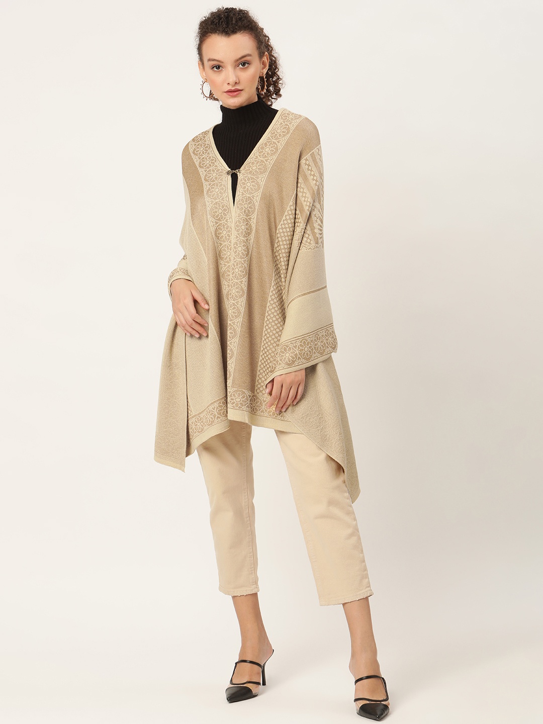 

American Eye Women Beige Ethnic Self Design Front-Open Sweater