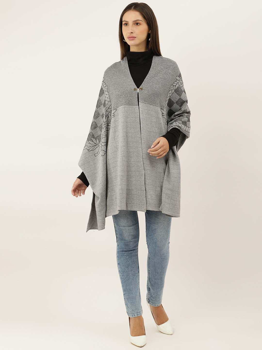 

American Eye Women Grey Self Design Longline Button Detail Front Open Sweater