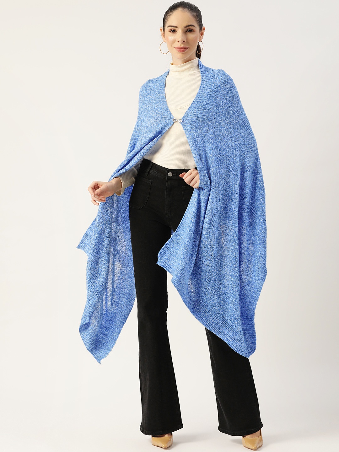 

American Eye Women Blue Self Design Longline Button Detail Front Open Sweater