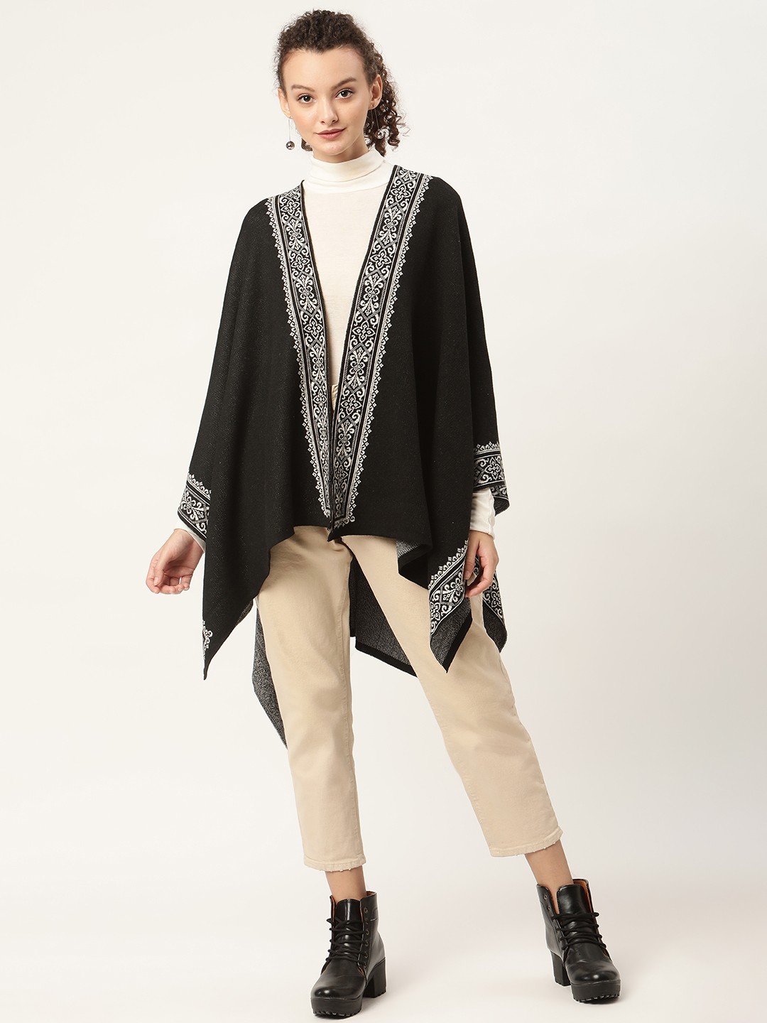 

American Eye Women Black & White Ethnic Self Design Longline Front Open Sweater