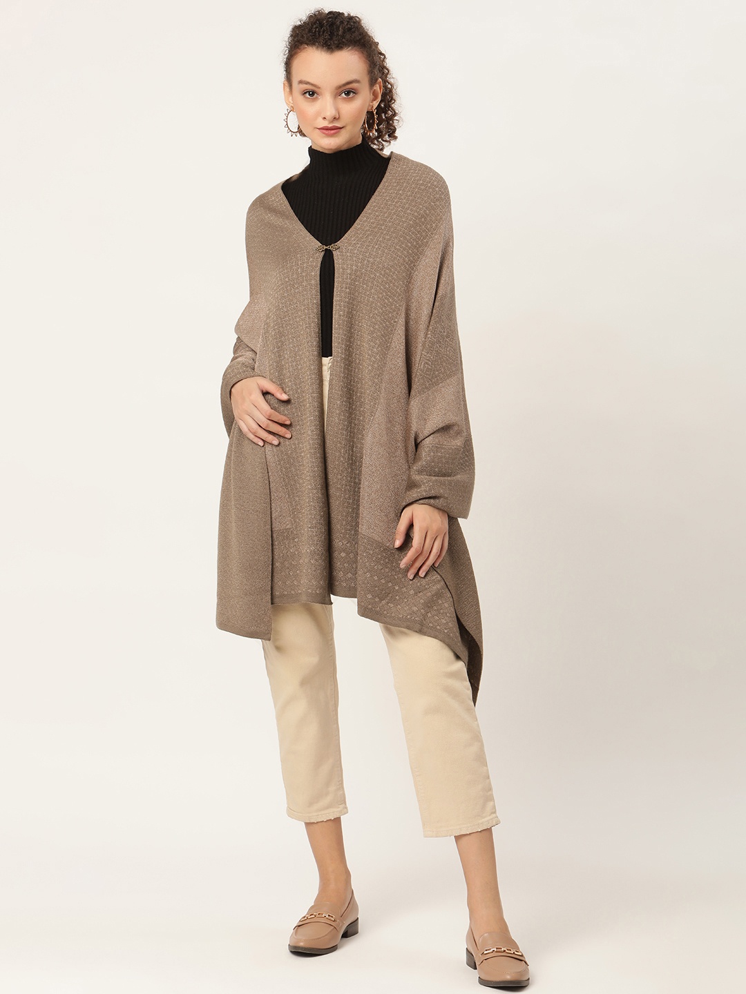 

American Eye Women Beige & Olive Green Longline Button Detail Front Open Sweater