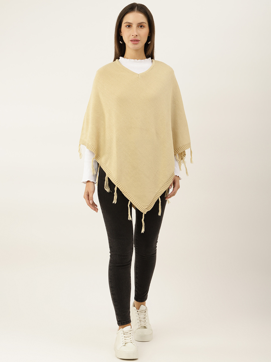 

American Eye Women Beige Poncho with Fringed Detail